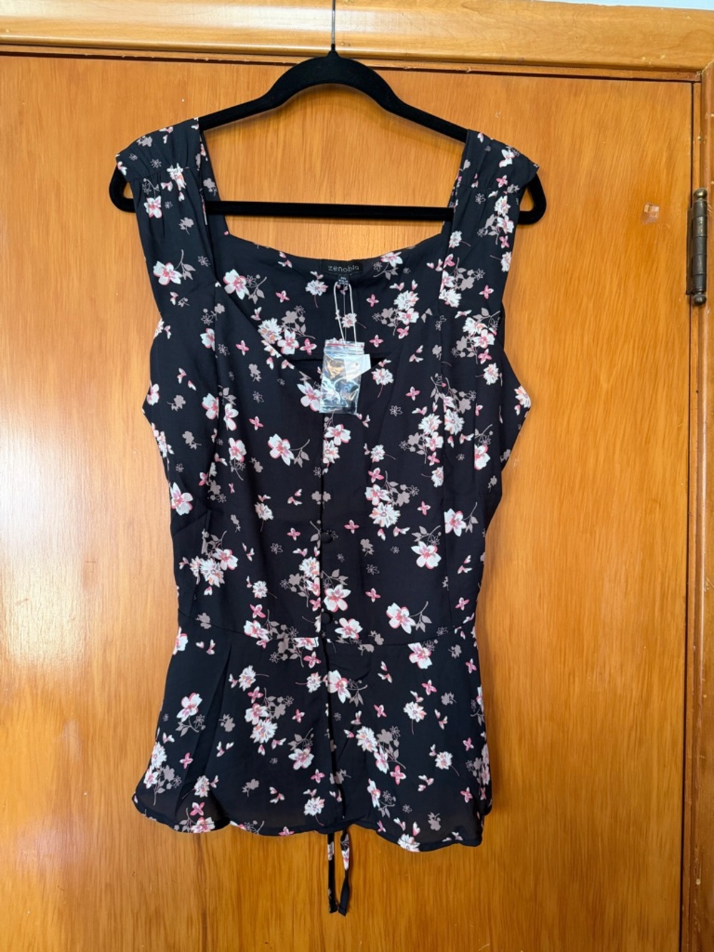 Zenobia Black Floral Tie-Front Sleeveless Blouse
